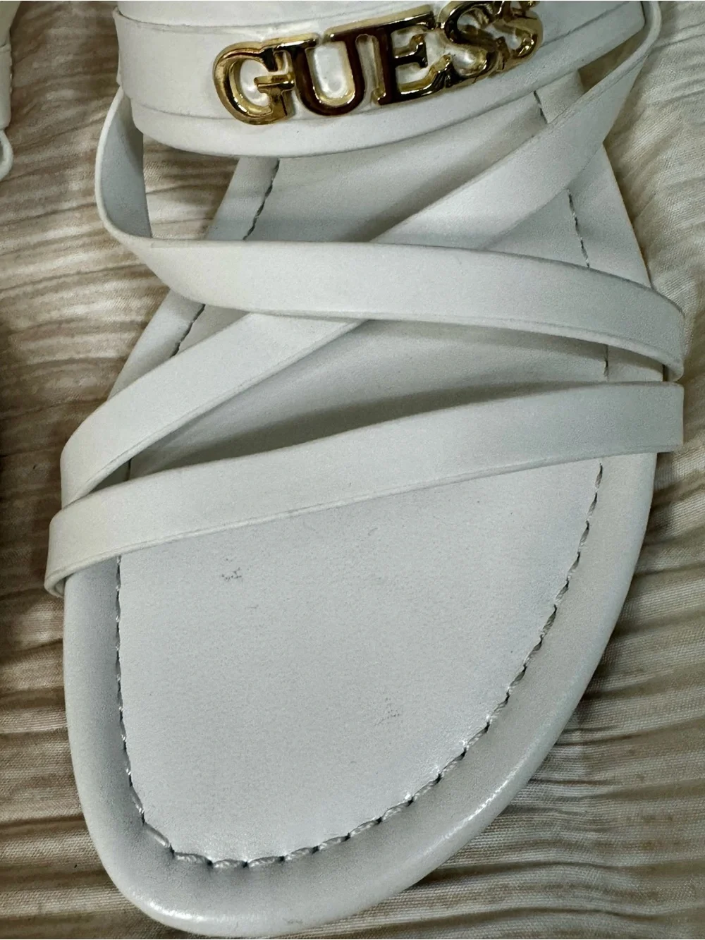 GUESS White Strappy Sandals with Gold Logo Accent Ankle Straps
